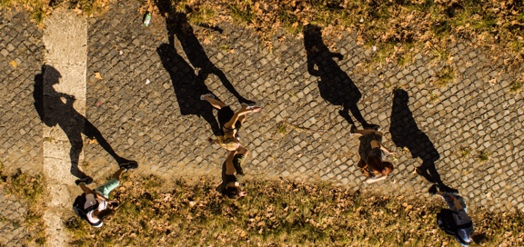 Topdown view of students walking on a brick path with long shadows